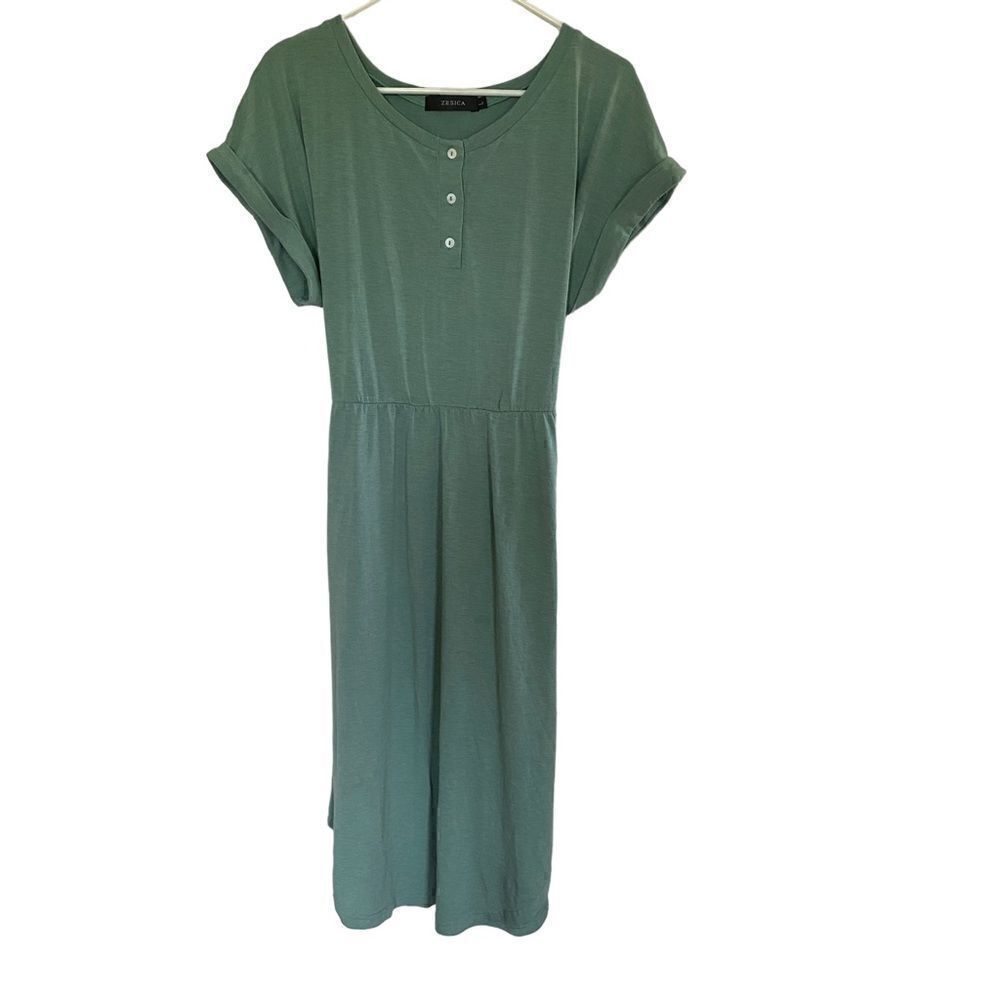 Zesica green cuffed sleeve belted sun dress large